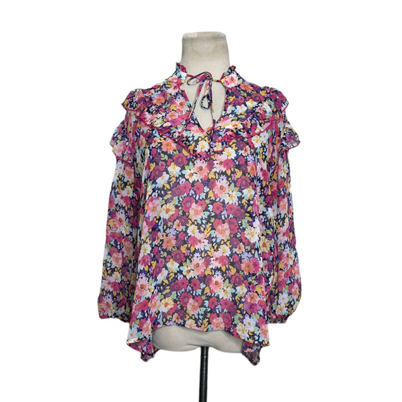 Veronica M sheer floral 3/4 sleeves ruffled tunic blouse size M - Picture 1 of 12